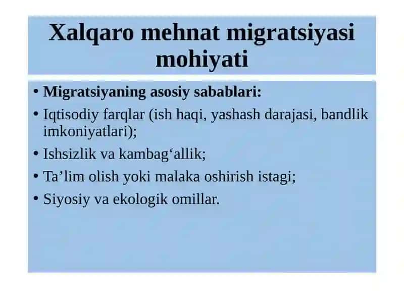 Globallashuv sharoitida ishchi ko'chibozori va migratsiya muammolari 3