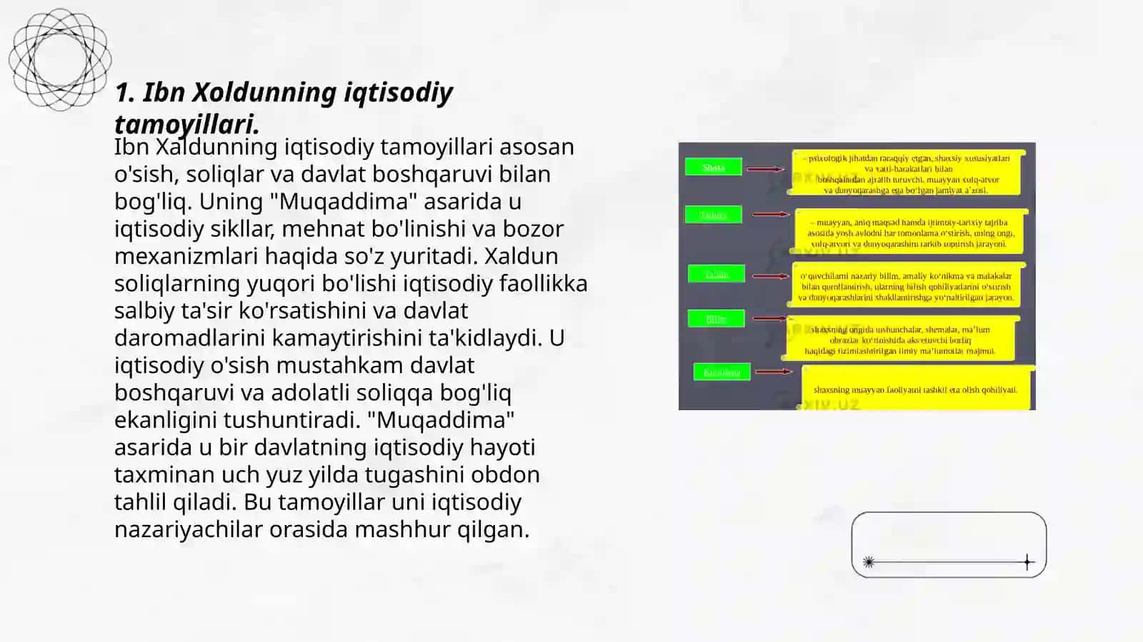Iqtisodiyot Nazariyasi fanining fan sifatida shakllanishida buyuk allomalarning jumladan:Ibn Xoldun,Abu ali ibn-Sino,Abu Nasr Farobiy,Abu Rayhon Beruniy,M.Ulug'beklarning roli 3