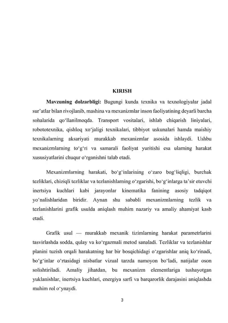MEXANIZIM ZIVONALARINING TEZLIK VA TEZLANISHLAR PLANINI TUZISH kurs ishi 3