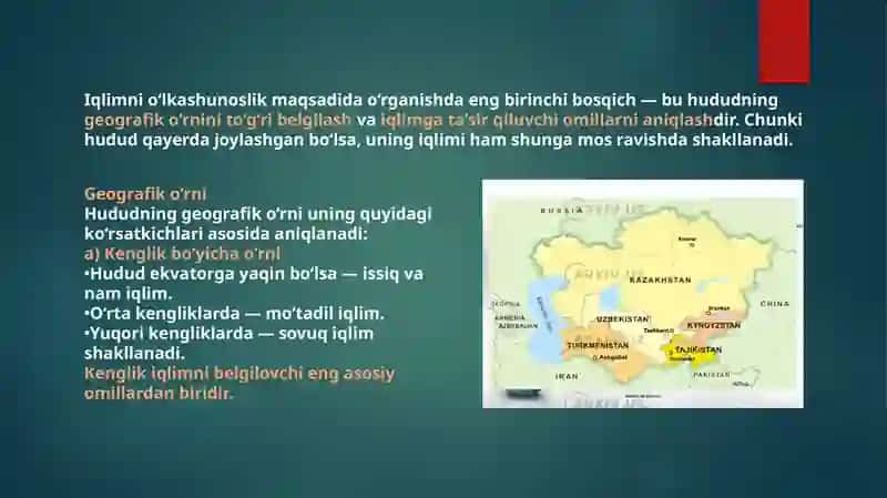 O’lkashunoslik fanidan ta’yinlangan hududning geografik o’rnini va iqlimini o’rganish 3