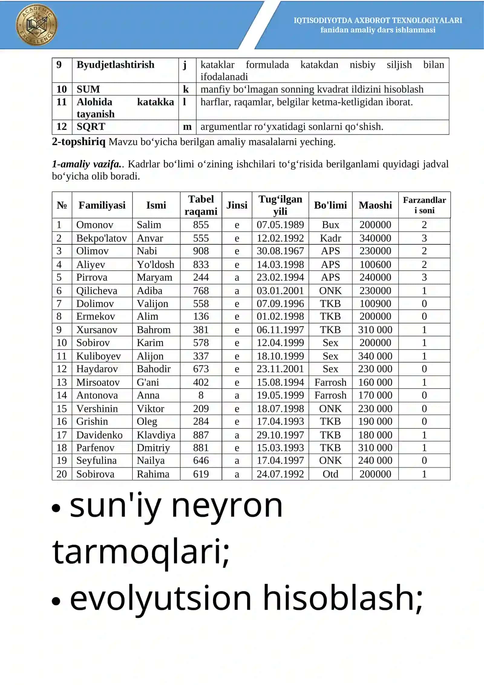 Excelda iqtisodiy hisob-kitoblar amaliy dars ishlanmasi 3