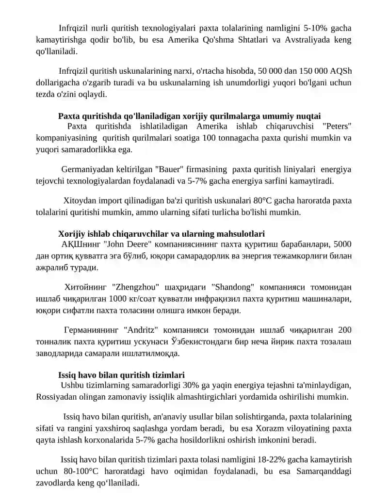 Paxta quritishda qo'llaniladigan xorijiy quritish uskunalari 3