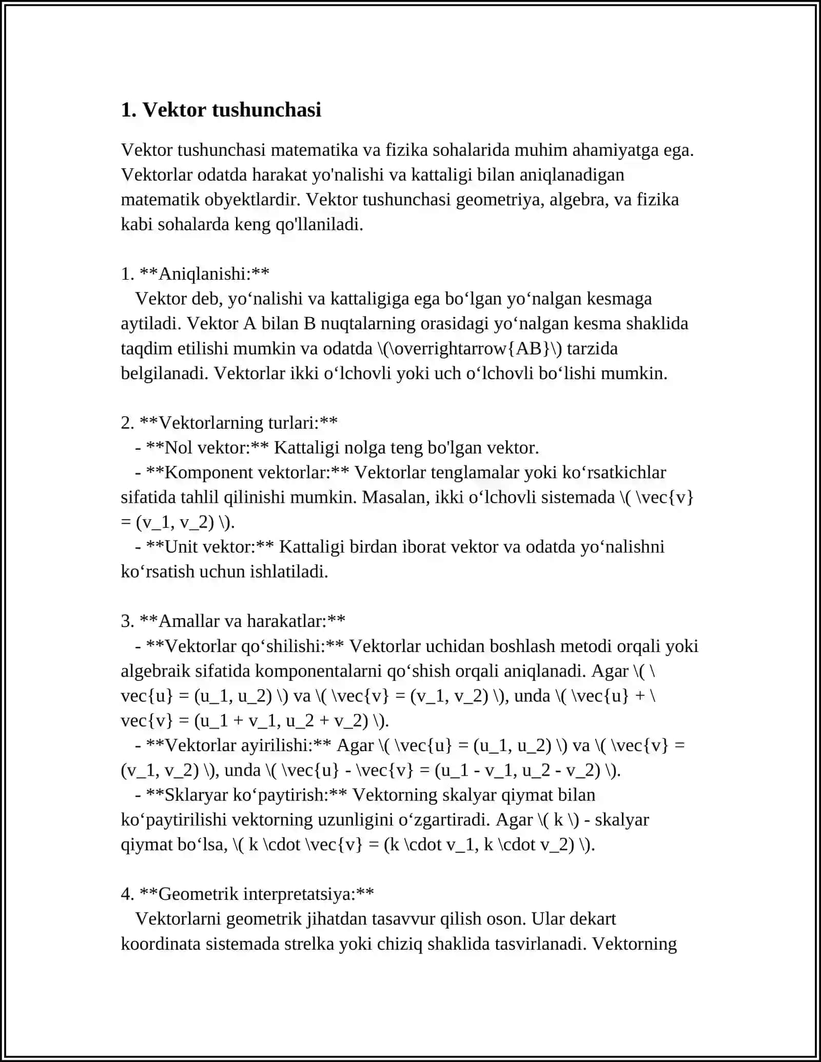 VEKTORLARNING VEKTOR KÔPAYTMASINING XOSSALARINING ISBOTLANISHI MUSTAQIL ISH 3