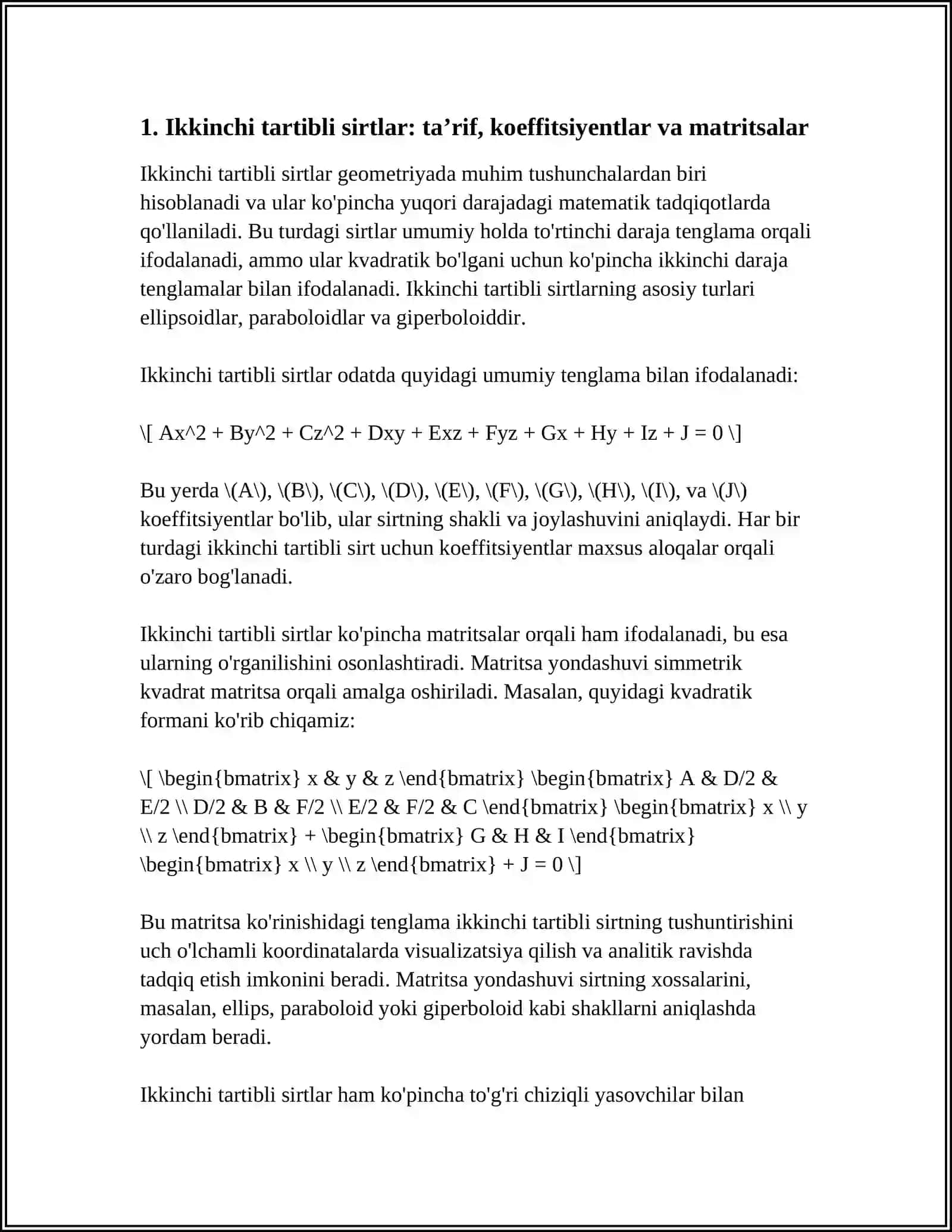 Ikkinchi tartibli sirtlar: taʼrif, koeffitsiyentlar va matritsalar 3