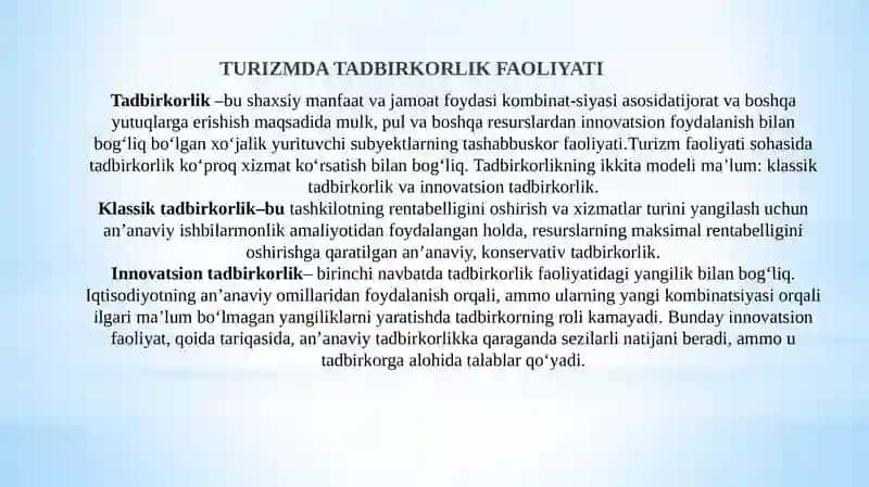 TURIZMDA TADBIRKORLIK VA TIJORAT FAOLIYATINIIG ASOSLARI 3