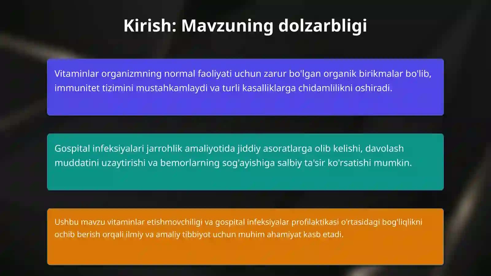 Avitaminov va gipovitaminozlar. Xirurgiyada gospital infeksiyani profilaktikasi. 3