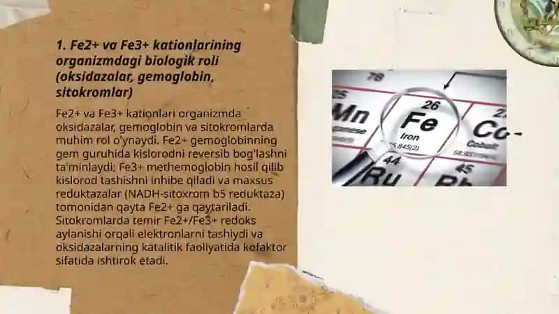 FE+2 VA FE +3 KATIONLARINI ORGANIZMDAGI AHAMIYATI, TIBBIYOTDA QOʻLLANILISHI VA DORI VOSITALARI TARKIBIDA SIFAT HAMDA MIQDORINI ANIQLASH 3