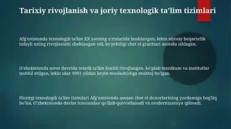 Afg'oniston va Uzbekistonda texnologik talim tizimi ularni farqlarni kamchiliklari yutuqlari 3