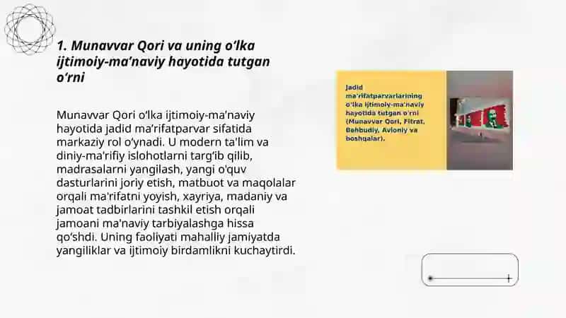 Jadid ma'rifat parvarlarining oʻlka ijtimoiy maʼnaviy hayotida tutgan oʻrni (Munavvar Qori Fitrat Behbudiy Avloniy va boshqalar) 3