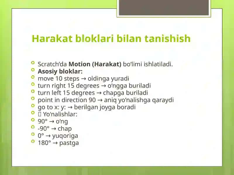 Spraytlarni o'ldinga vaturliyo‘nalishlarga haraktlantirish (Scratch) 45 daqiqa 3