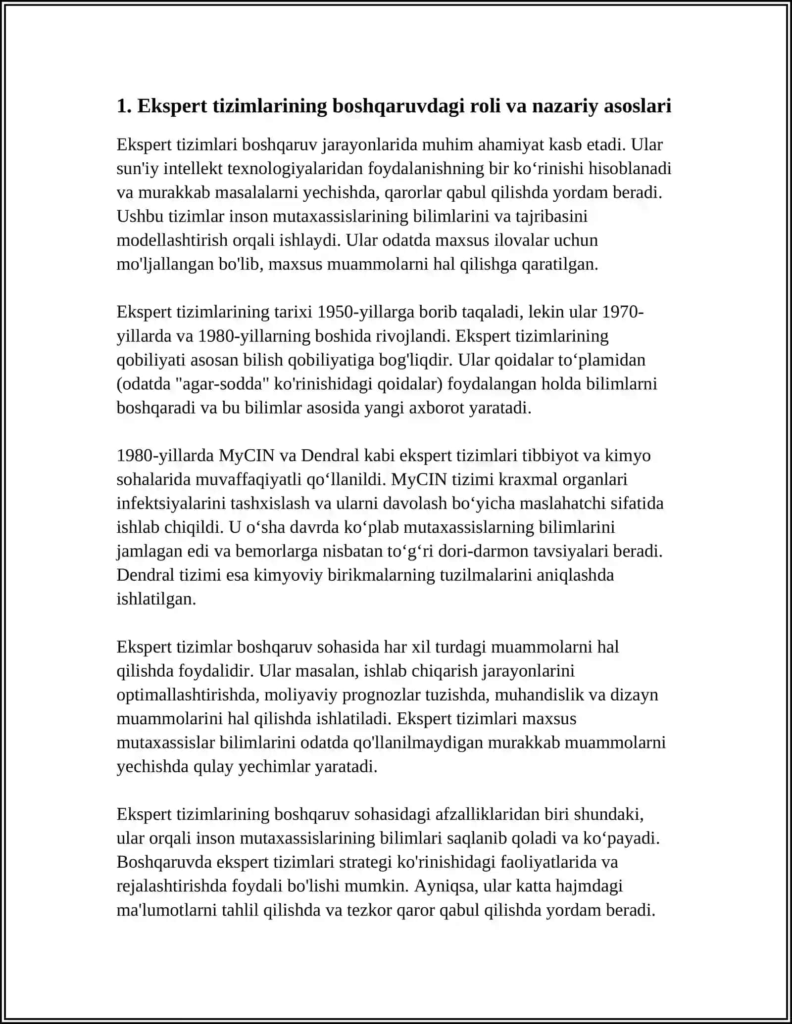EKSPERT TIZIMLARINI BOSHQARUVDAGI O'RNI VA ULARNI IQTISODIYOT TARMOQLARIDA QO'LLANILISHI 3