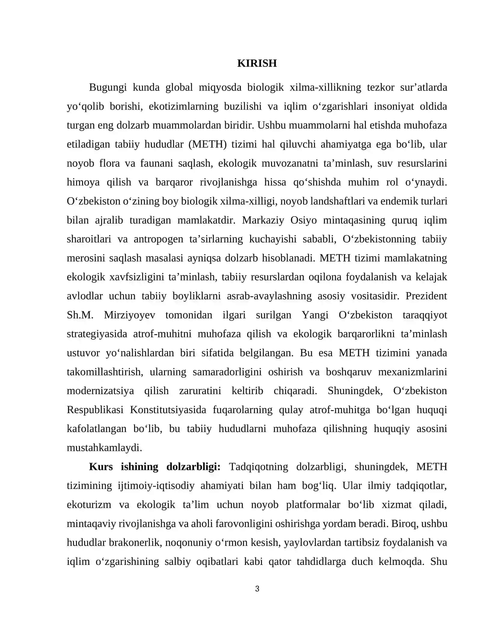 O‘ZBEKISTONNING MUHOFAZA ETILADIGAN TABIIY (QO‘RIQXONALAR, BUYURTMAXONALAR, TABIAT BOG‘LARI, REZERVATLAR, PITOMNIKLAR) HUDUDLARI 3