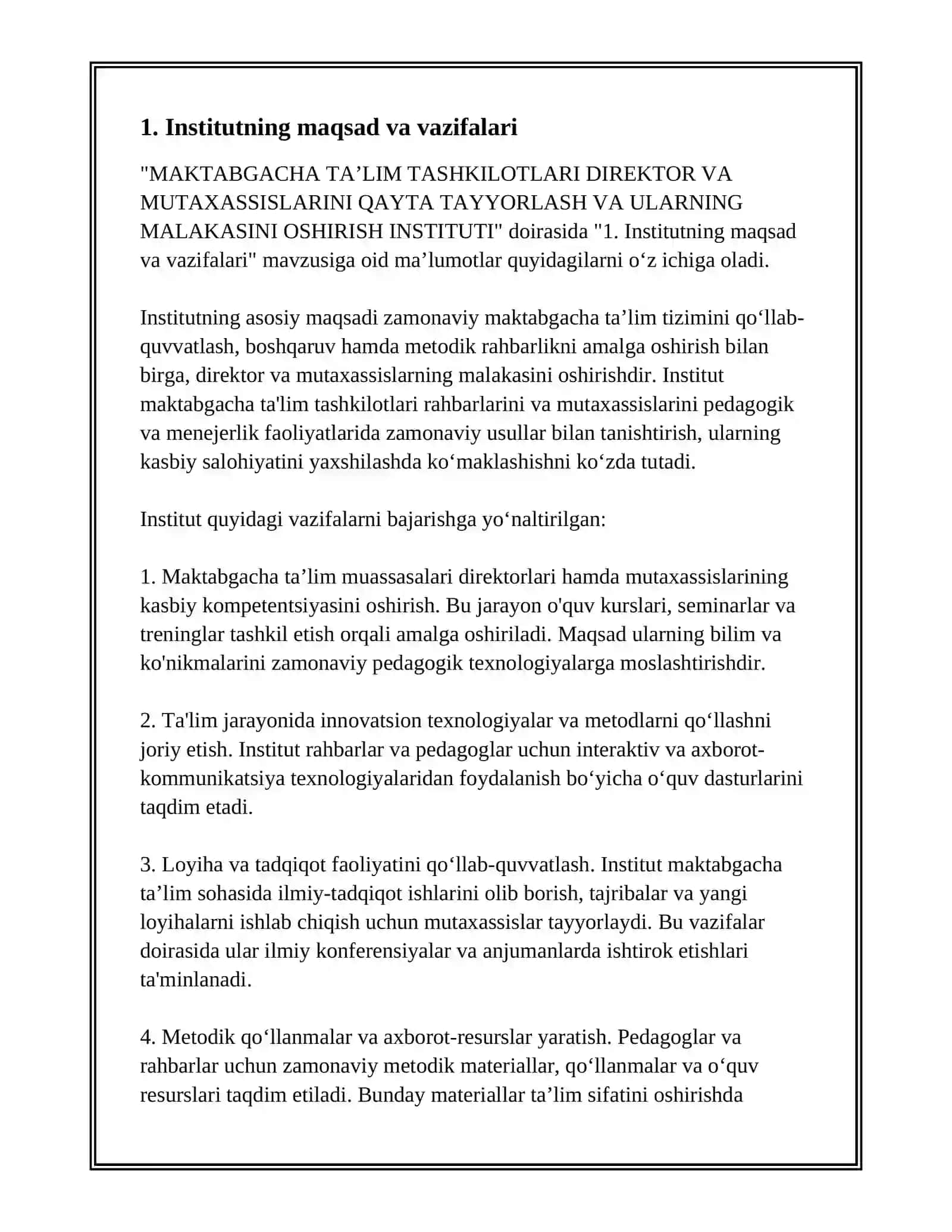 MAKTABGACHA TA’LIM TASHKILOTLARI DIREKTOR VA MUTAXASSISLARINI QAYTA TAYYORLASH VA ULARNING MALAKASINI OSHIRISH INSTITUTI 3
