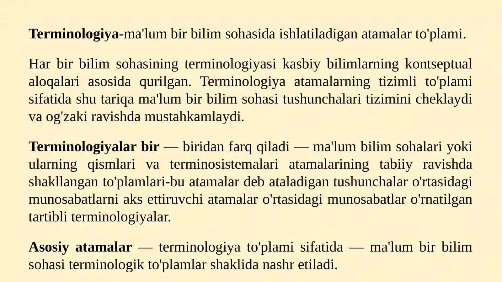 Til va terminologiya. Men tanlagan sohada oʻzbek tilining oʻrni. 3