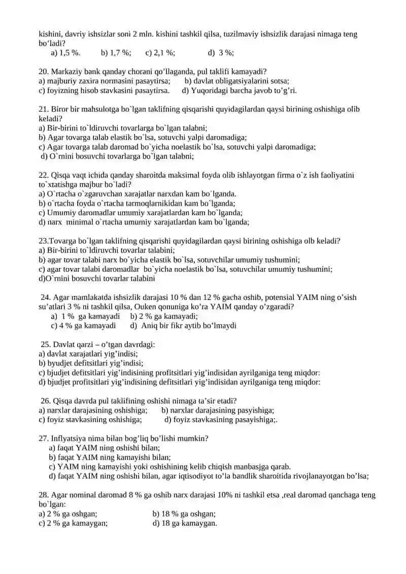 «Iqtisodiy bilim asoslari»dan test topshiriqlari 3