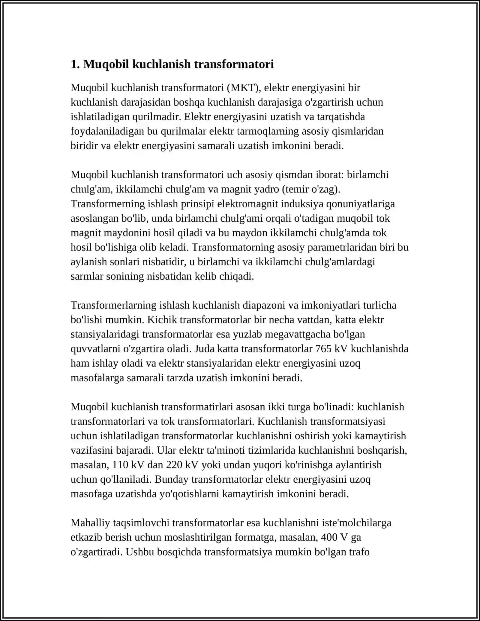 YUQORI KUCHLANISH TARMOQDAN PAST KUCHLANISHGA OTISHNI HIMOYASI 3