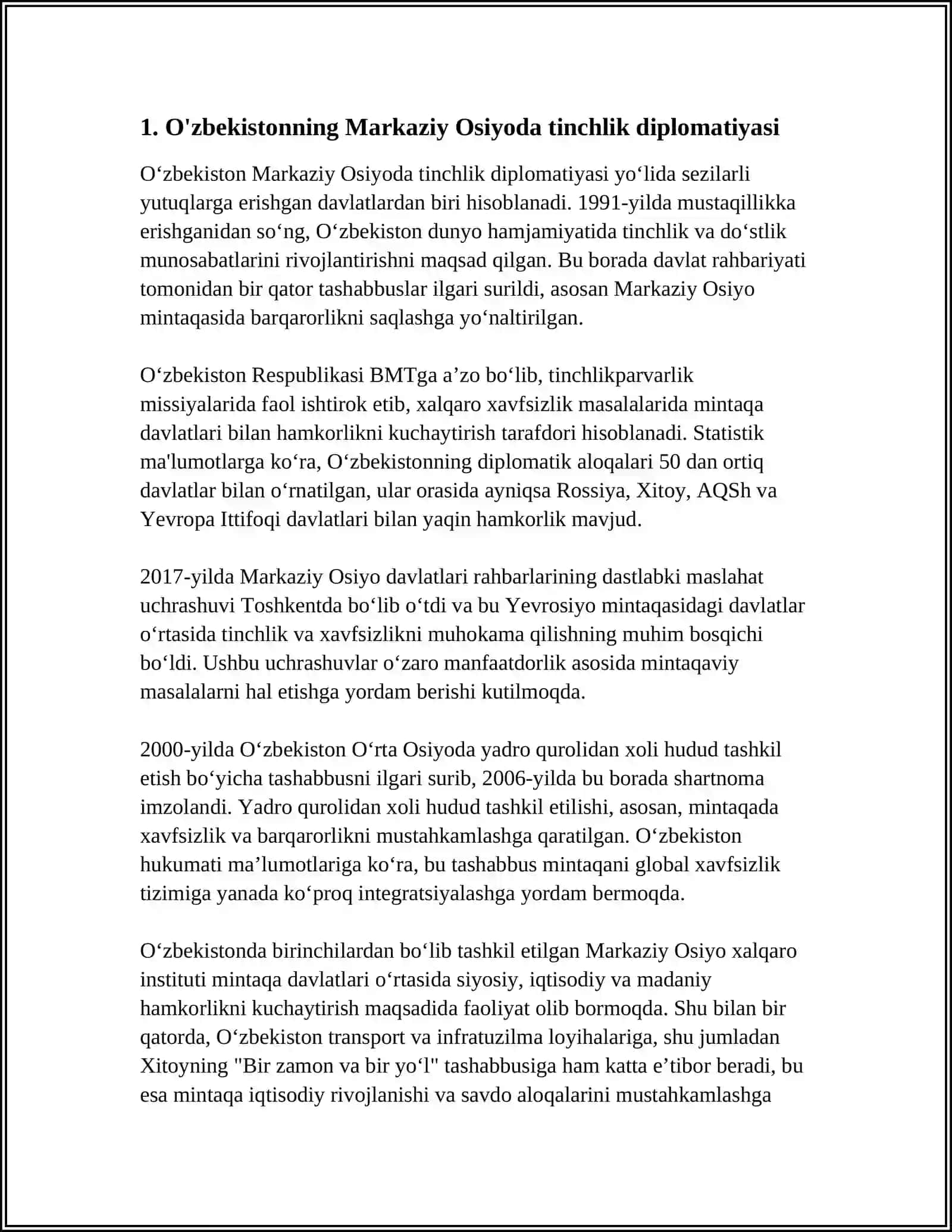 O'ZBEKISTONNING MARKAZIY OSIYODA TINCHLIK VA BARQARORLIKNI TA'MINLASHDAGI O'RNI 3