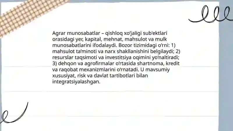 Agrar munosabatlar va ularning bozor tizimidagi xususiytalari Muxtorova Marjona 3