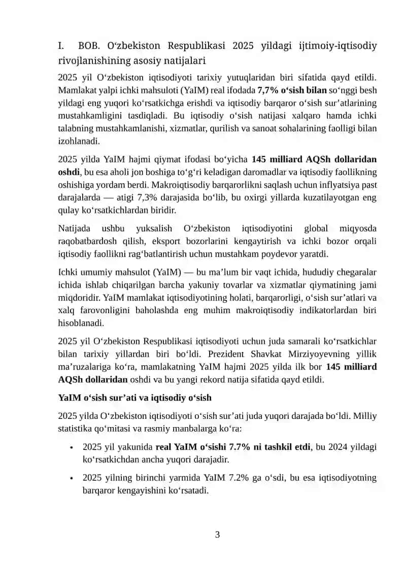 Oʻzbekiston Respublikasi Prezidenti Sh.Mirziyoyevning mamlakatning 2025 yildagi ijtimoiy-iqtisodiy rivojlanishining asosiy natijalari va 2026 yilga mo‘ljallangan iqtisodiy dasturining ustuvor yo‘nalishlari 3