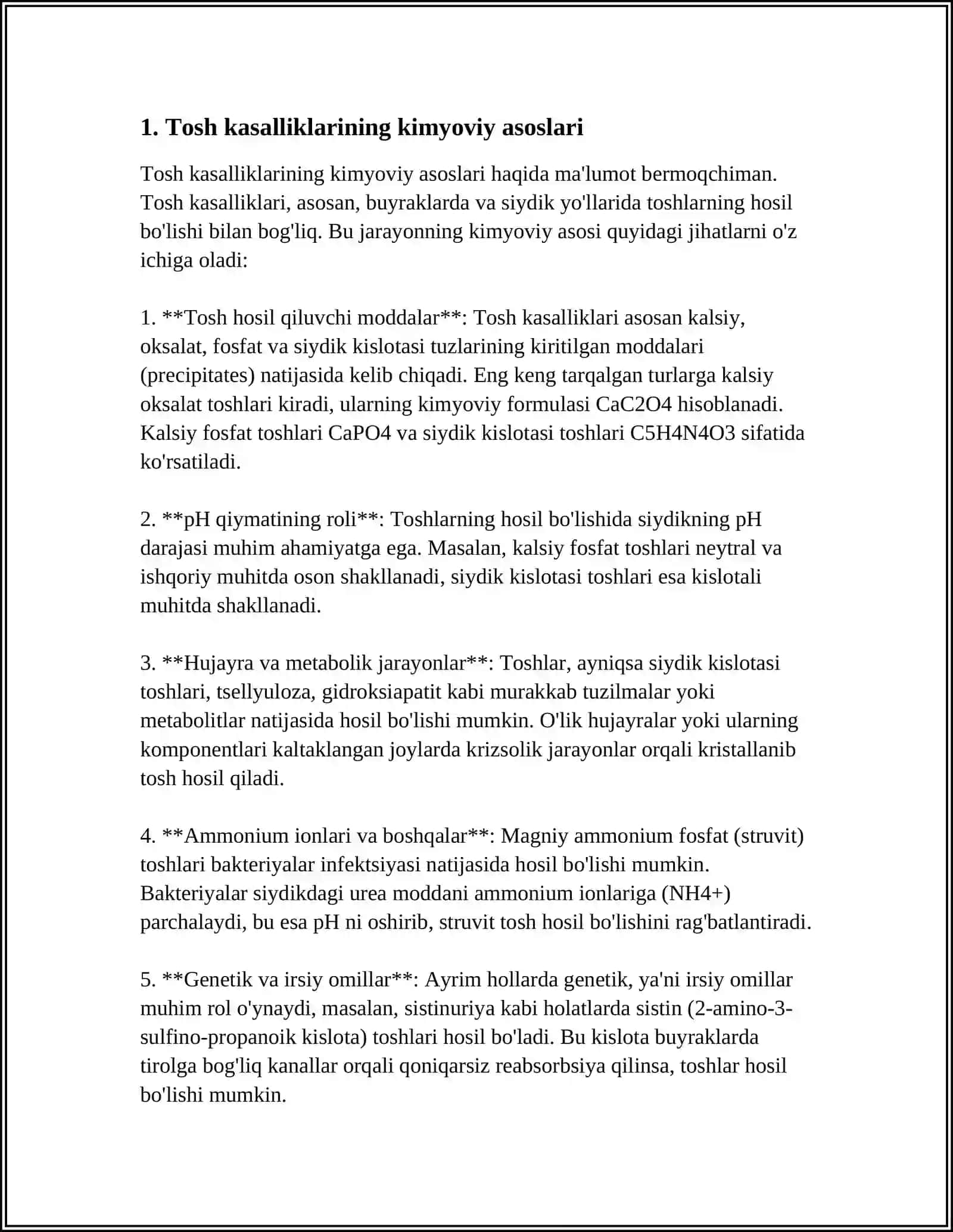 TOSH KASALLIKLARNING KIMYOVIY ASOSLARI.SIYDIK, BUYRAK,OʻT TOSHLARI 3