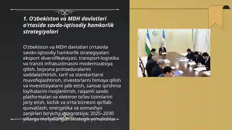 Oʻzbni MDH davlatlari va Markaziy Osiyo mamlakatlari bn hamkorlik aloqalari 3