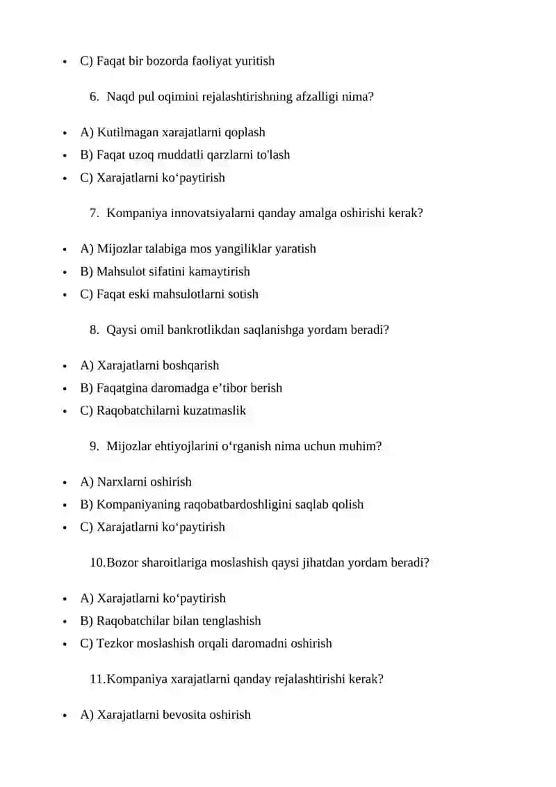Iqtisodiy nochorlik (bankrotlik)ni oldini olish chora-tadbirlari test tuzish 3