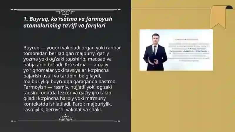 Buyruq, ko'rsatma va farmoyish atamalarining ta'rifi va farqlari 3