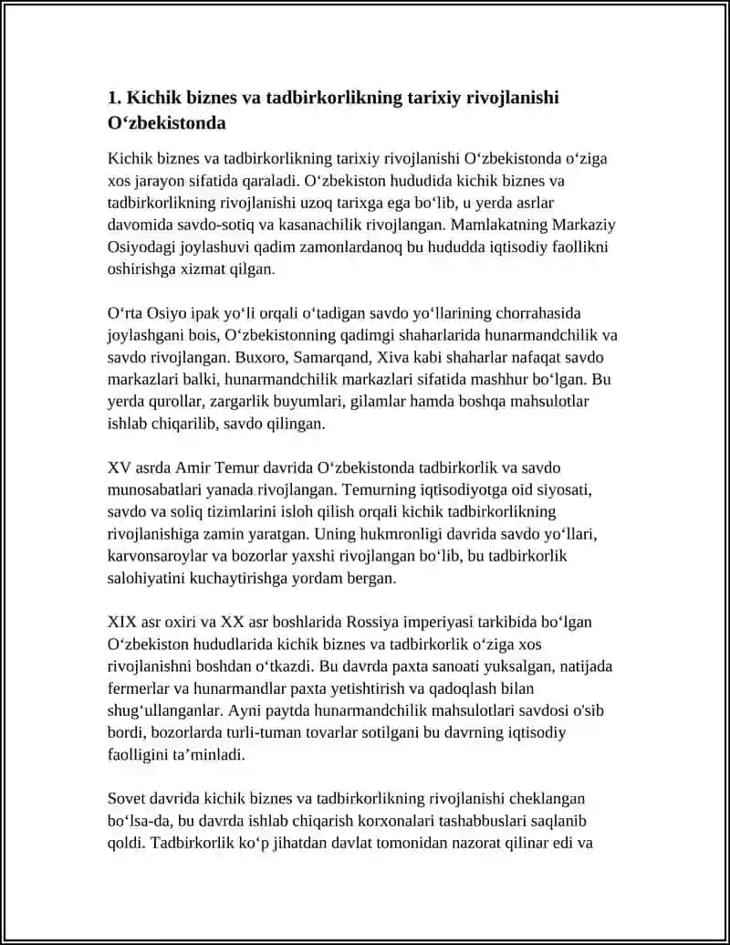 Kichik biznes va tadbirkorlikning tarixiy rivojlanishi Oʻzbekistonda 3