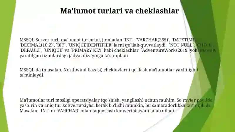 MSSQL ma'lumotlar bazasini boshqarish tizimlari 3