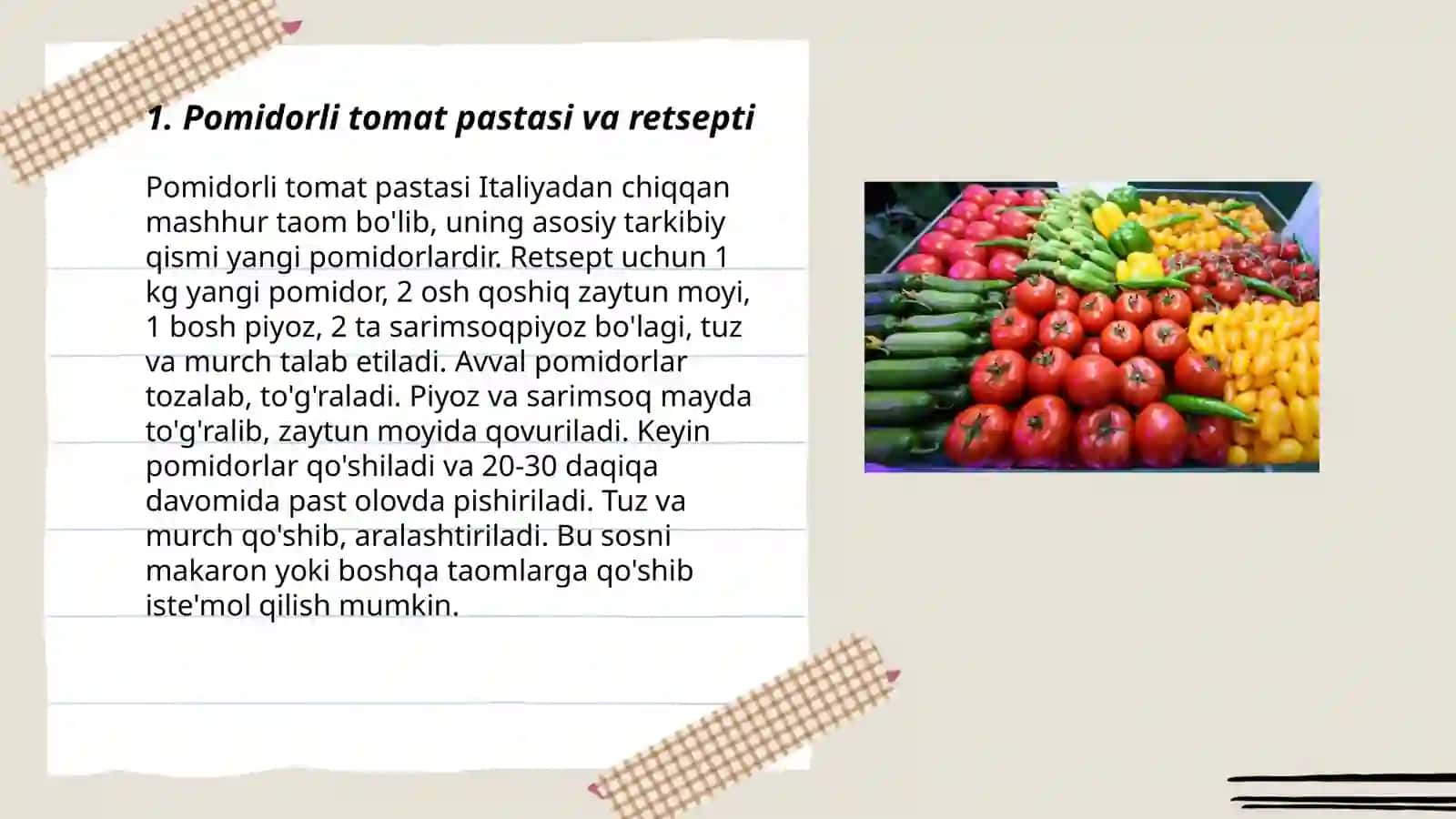 Pomidorni qayta ishlab olinadigan maxsulotlar turlari ularni retseplari va xomashyo sarfini òrganish 3