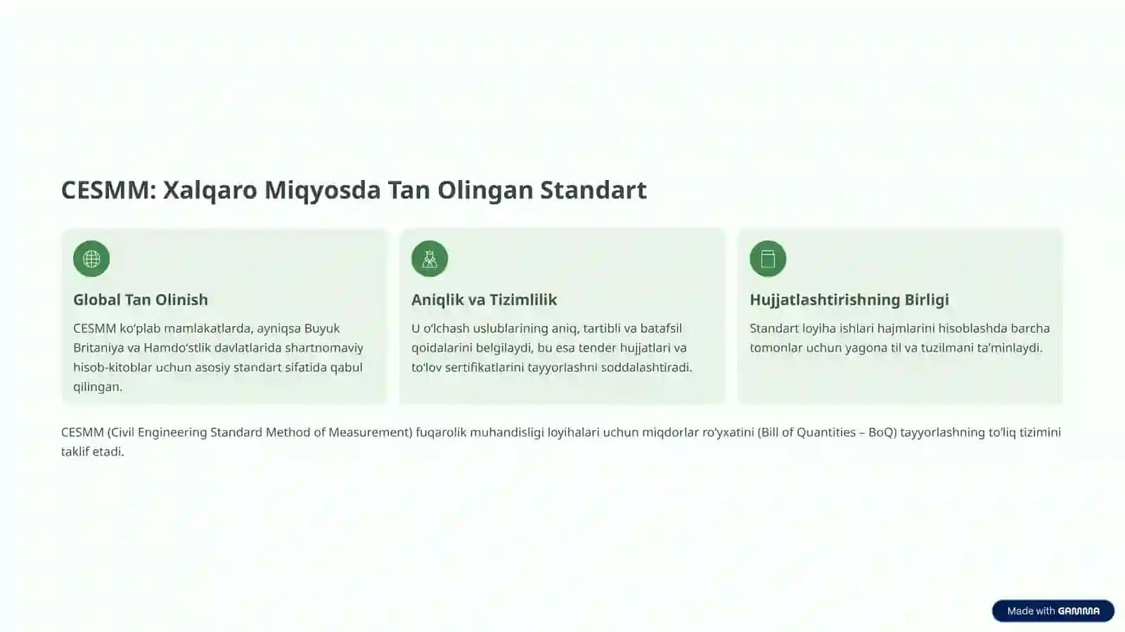 Xalqaro qurilish standartlari CESMM va Oʻzbekiston meʼyorlari va taqqoslanishi 3