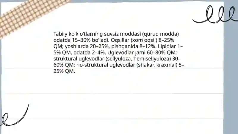 Tabiiy koʻk oʻtlarning kimyoviy tarkibi va toʻyimliligini oʻrganish 3