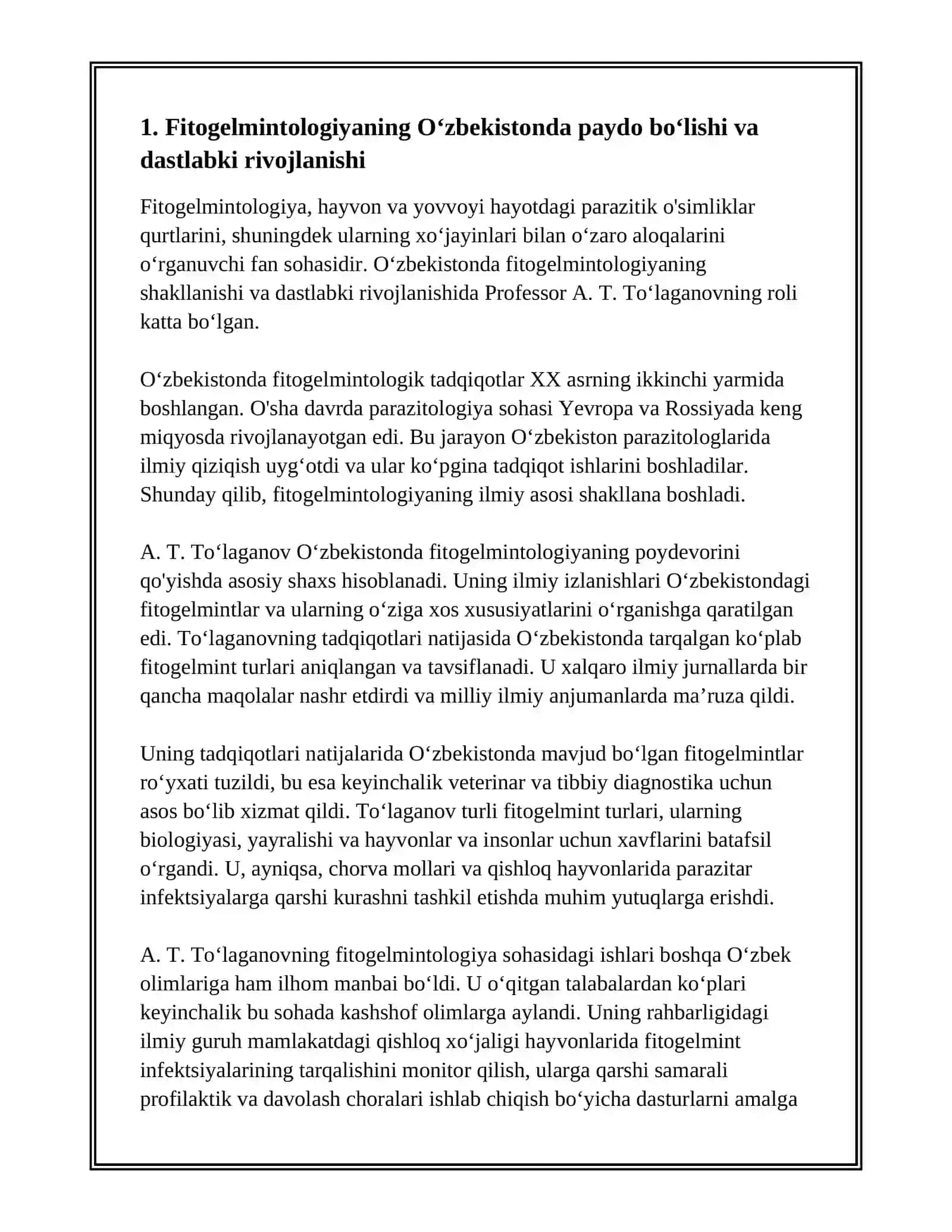 OʻZBEKISTONDA FITOGELMINTOLOGIYANING SHAKLLANISHI A. T. TOʻLAGANOVNING ROLI 3