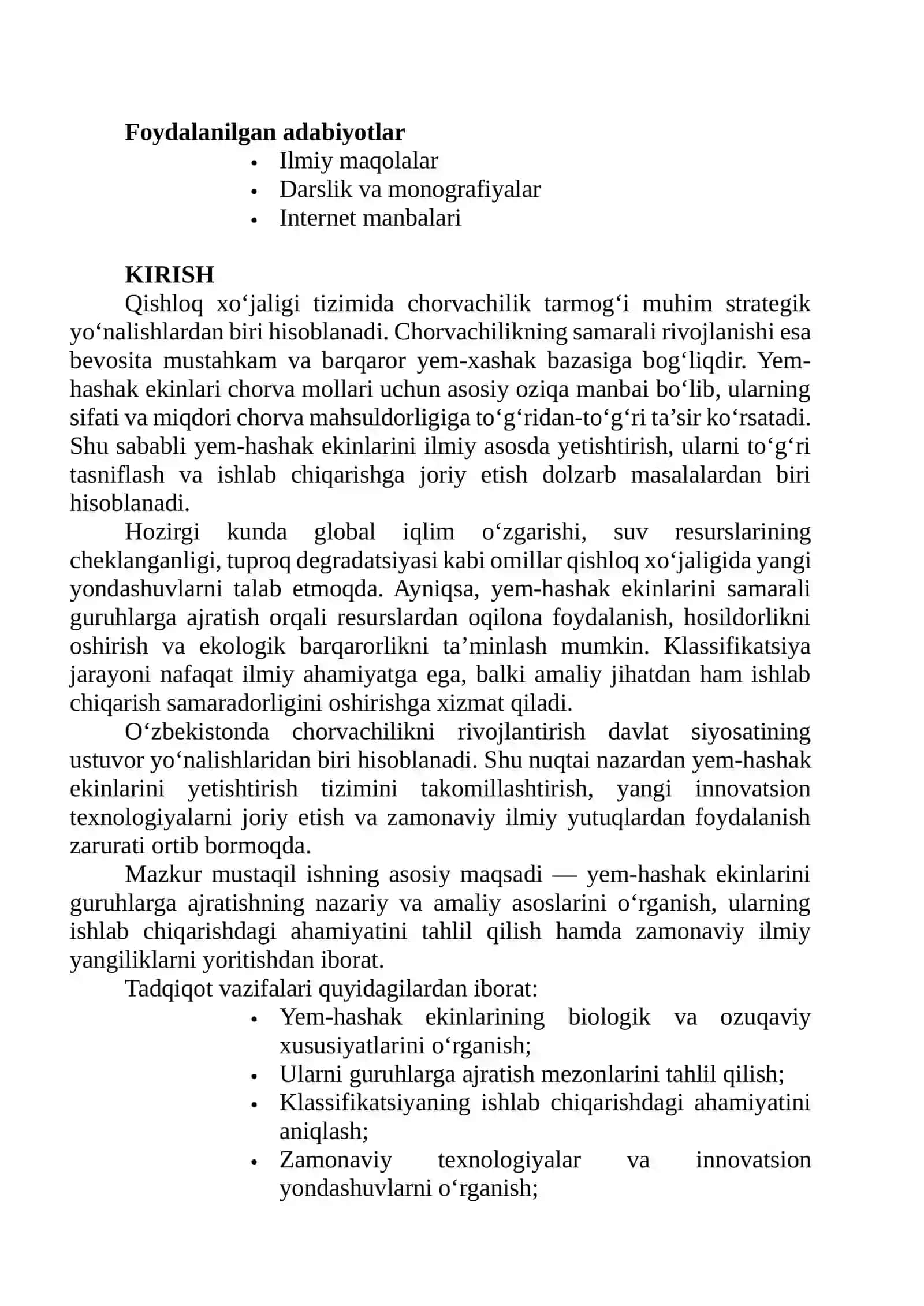 Yem-hashak ekinlarining guruhlarga ajratishning ahamiyati va ishlab chiqarishga joriy etishning ilmiy yangliklari 3