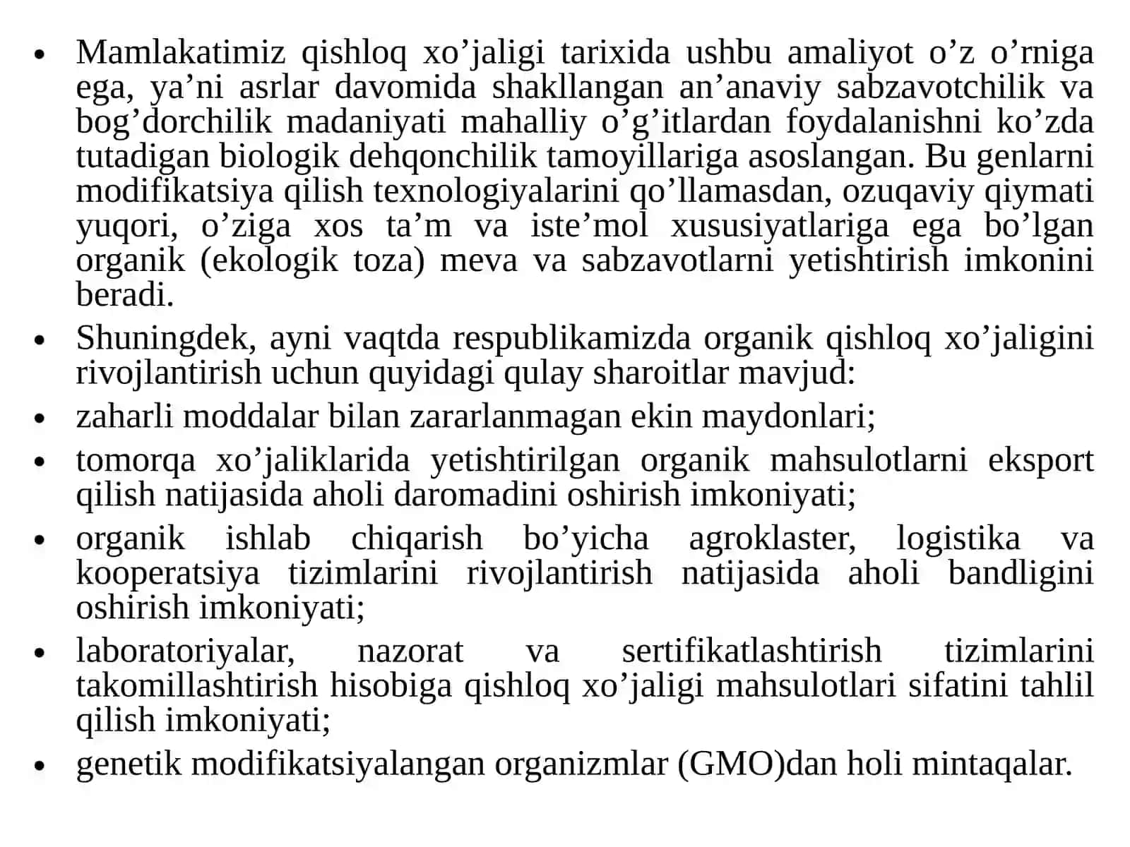 RESPUBLIKADA ORGANIK QISHLOQ XO’JALIGI MAHSULOTLARI YETISHTIRISHNING AHAMIYATI, HOLATI HAMDA RIVOJLANTIRISH ZARURATI 3