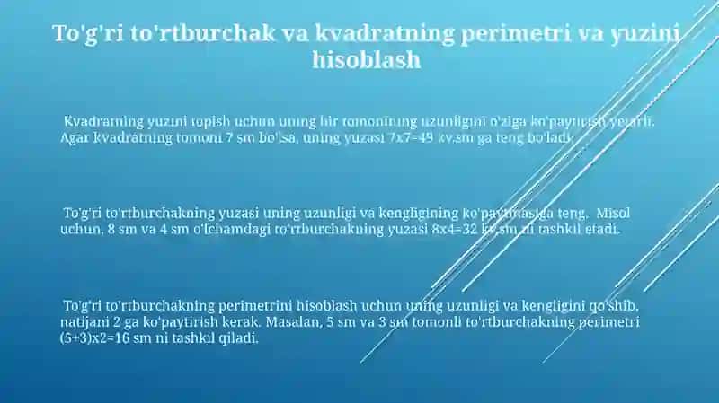 To'g'ri to'rtburchak va kvadratning perimetrini,yuzaga doir masalalar yechishga òrgatish 3