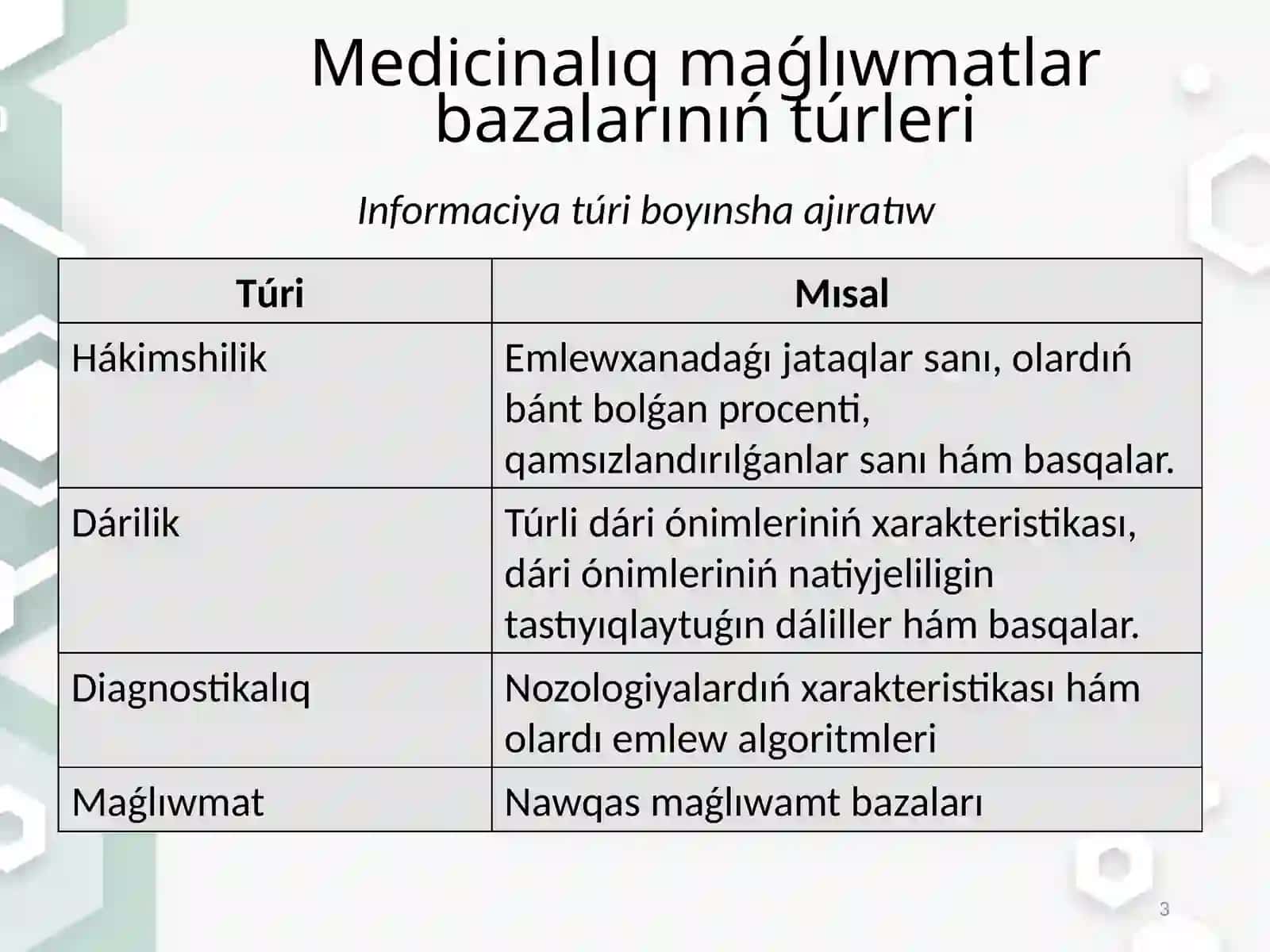 Medicinalıq maǵılıwmatlaw bazası menen islew 3