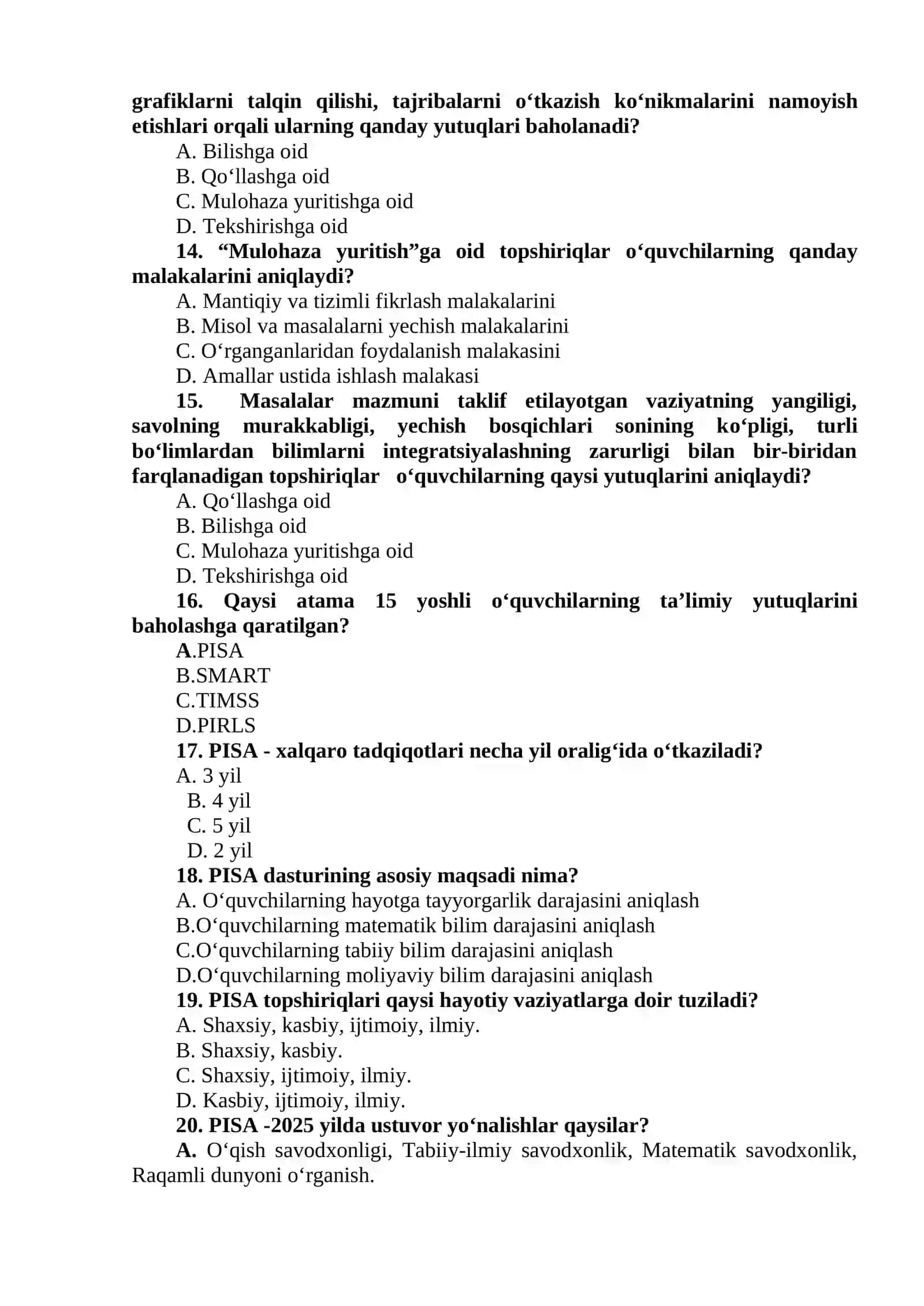 BOSHLANG‘ICH TA’LIMNING XALQARO DASTURLARI FANIDAN 4-KURS BOSHLANG’ICH TA’LIM (SIRTQI) YO‘NALISHI TALABALARI UCHUN YAKUNIY NAZORAT SAVOLLARI 3