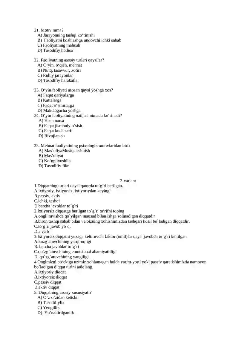 Psixologiya fani test savollari 3