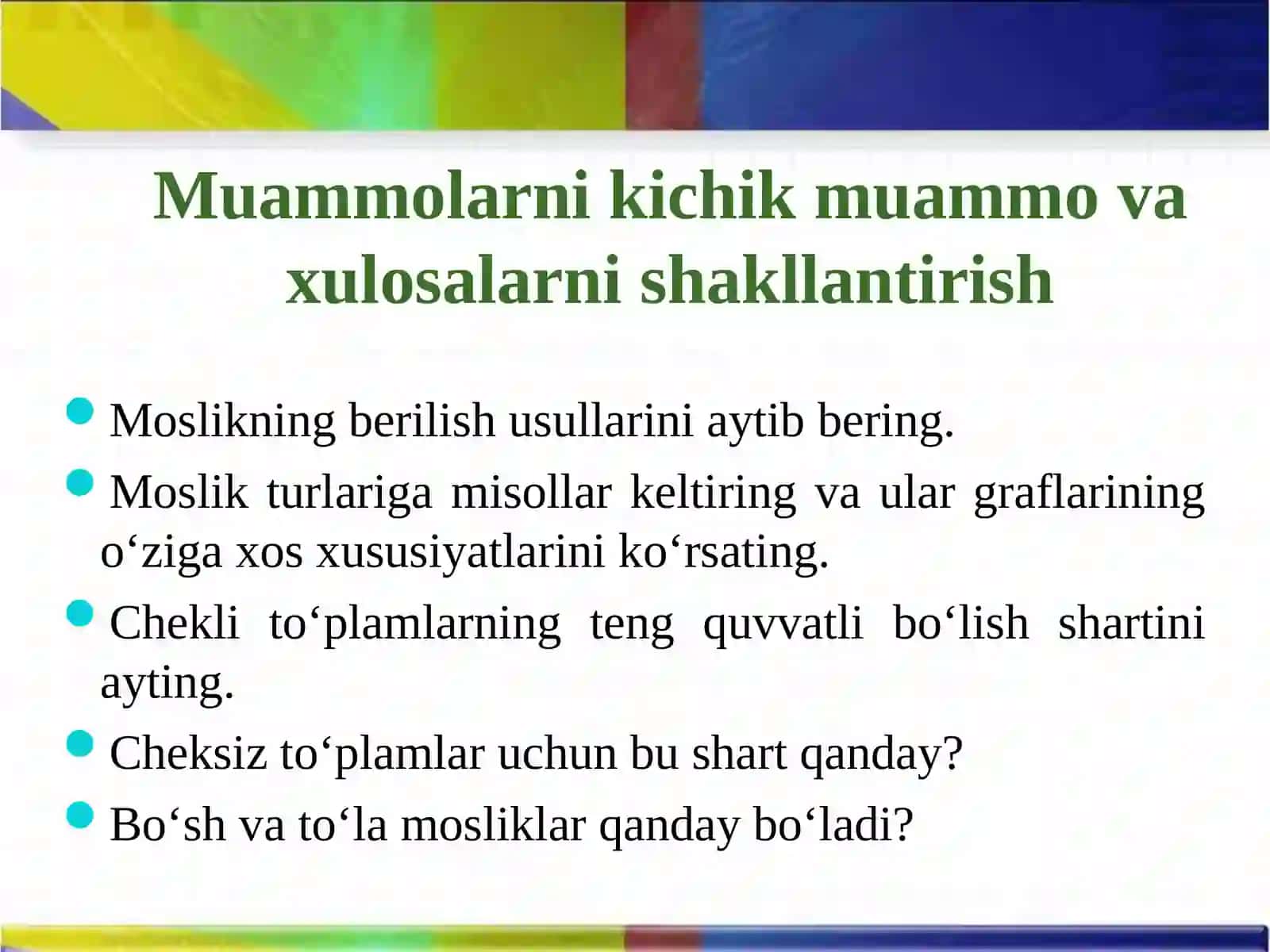 7-Mavzu: Ikkita to`plam elementlari orasidagi moslik. Moslikning grafi va grafigi 3