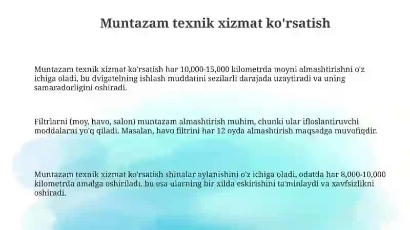Avtomobil transporti vositalarining xizmat muddatini oshirish usullari 3