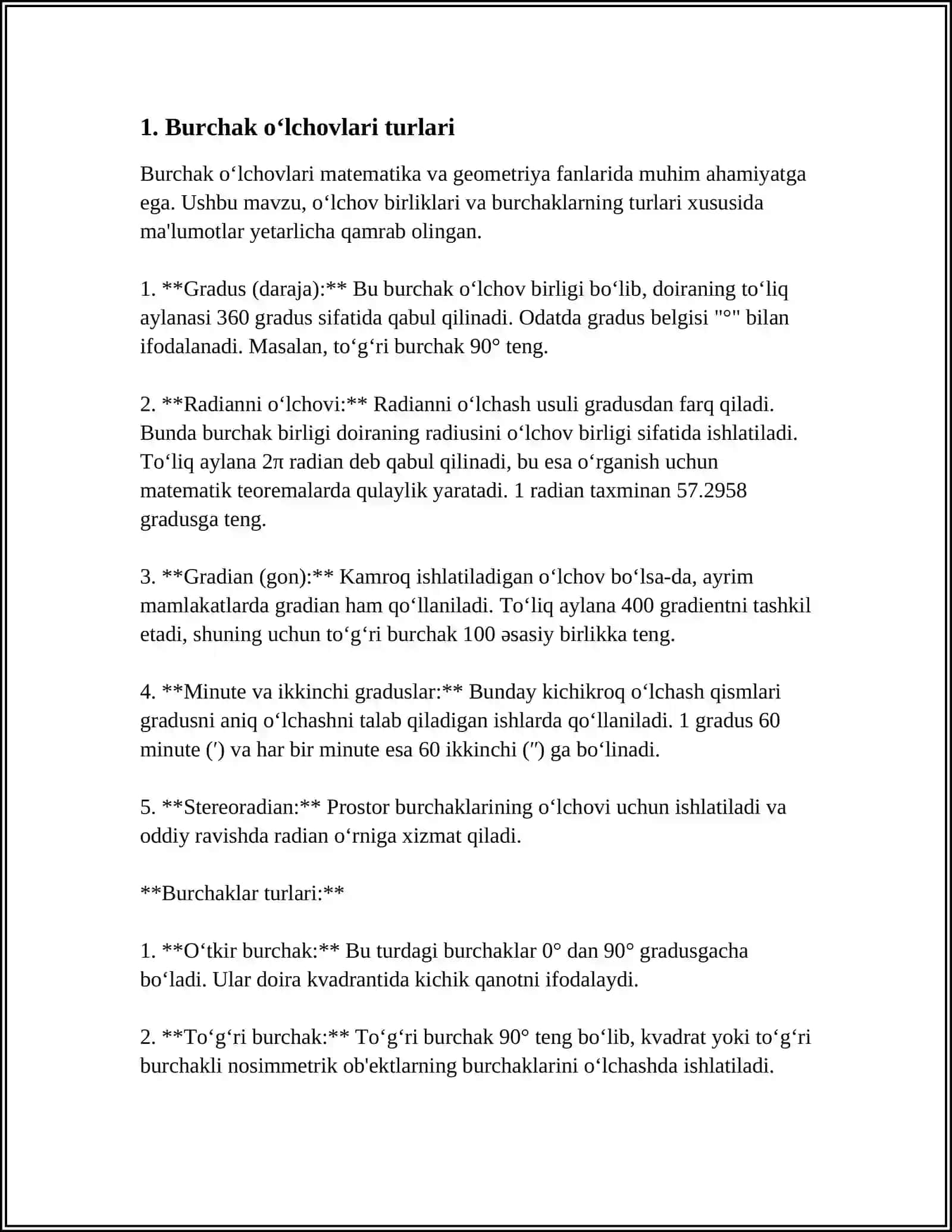 BURCHAK OʻLCHOVLARI TURLARINI OʻRGANISH VA HAR BIR OʻLCHOV TURINING QOʻLLANISHI SOHASINI ANIQLASH OʻLCHOVLAR BOʻYICHA TAKLIF BERISH 3