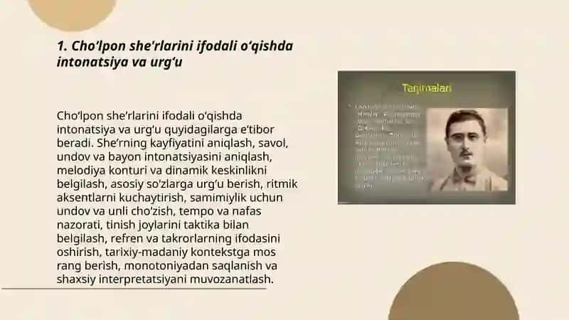 Choʻlpon she'rlarini ifodali oʻqish va tahlil qilish. 3