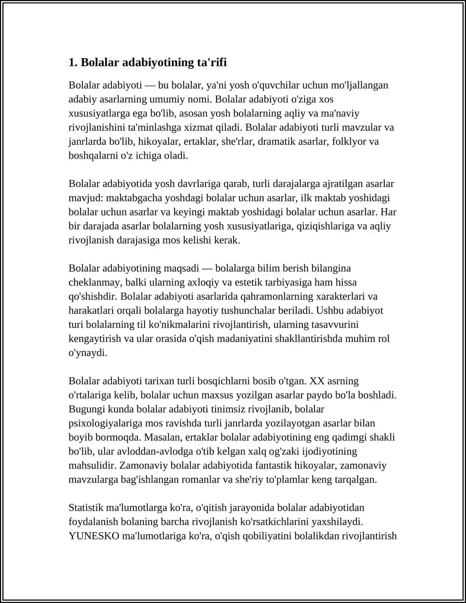 BOLALAR ADABIYOTI FANINING MAQSAD VA VAZIFALARI. O'ZBEK BOLALAR ADABIYOTI ISTILOHI VA UNING PAYDO BO'LISHI 3