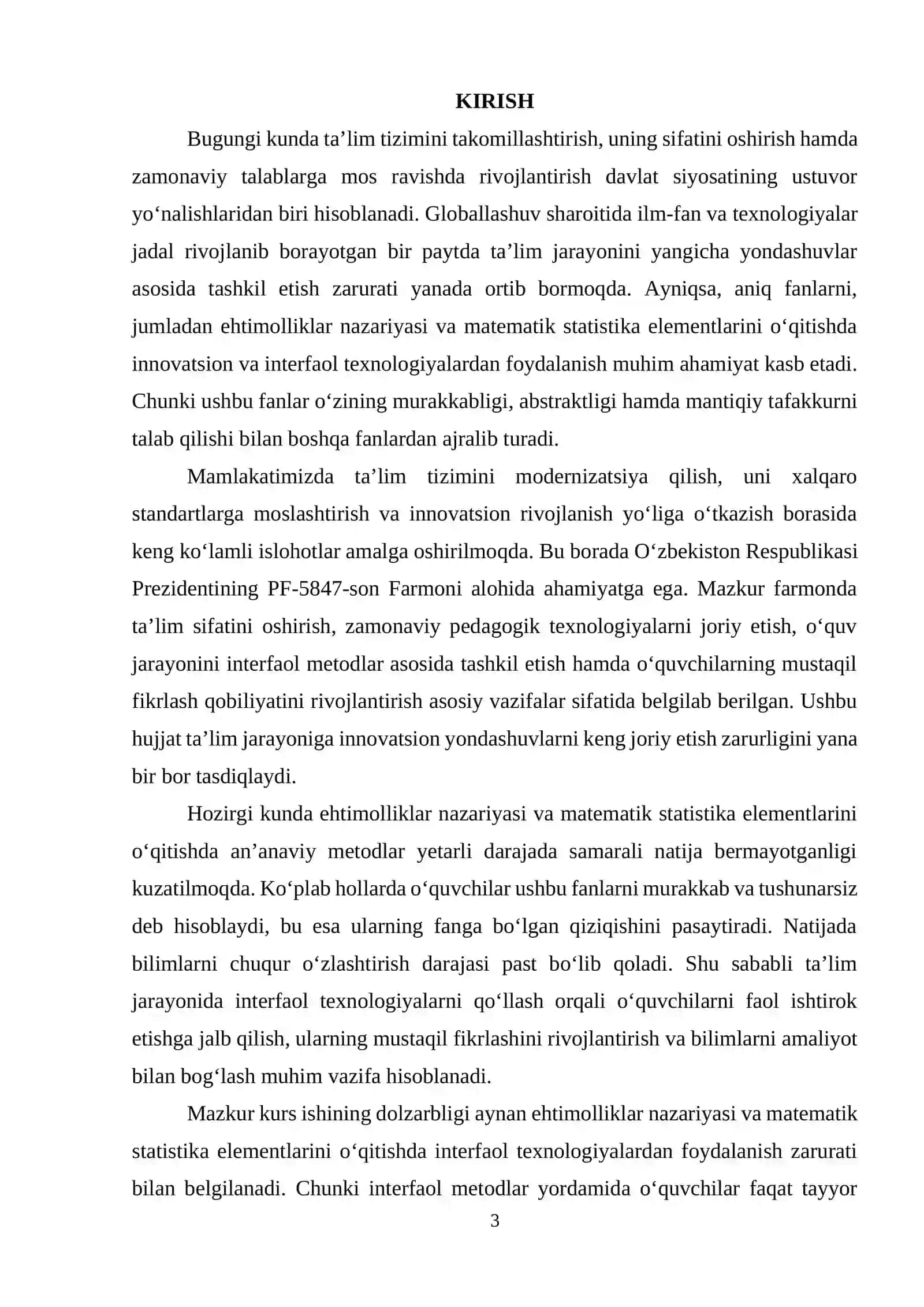 Ehtimolliklar nazariyasi va matematik statistika elementlari  modulini oʻqitishda interfaol texnologiyalardan foydalanish 3