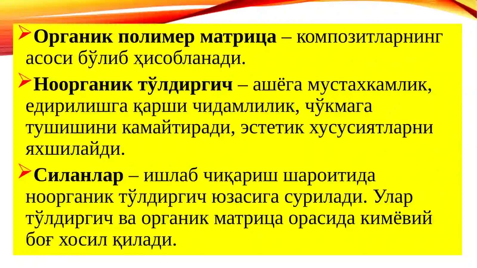 Kimyoviy va nur bilan qotuvchi kompozit plomba ashyolarining tarkibi,tasnifi va xususiyatlari (slayd/prezintatsiya/taqdimot/mustaqil ish) 3