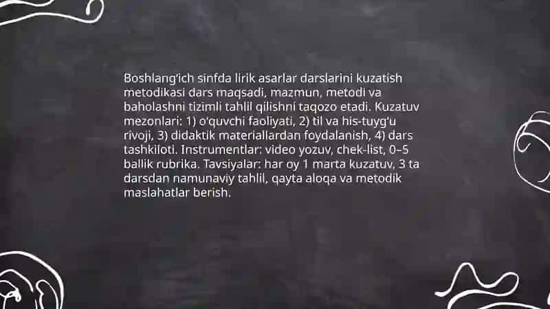 Boshlangʻich sinfda lirik asarlar uatida ishlash darslarini kuzatish va didaktik materiallarining ahamiyatini tahlil qilish 3