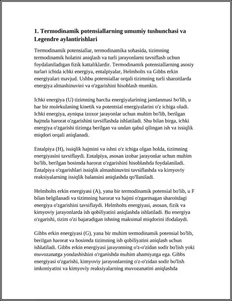 TERMODINAMIK POTENSIALLAR. GIBBS VA HELMGOLTS ENERGIYALARI. KIMYOVIY SALOHIYAT 3