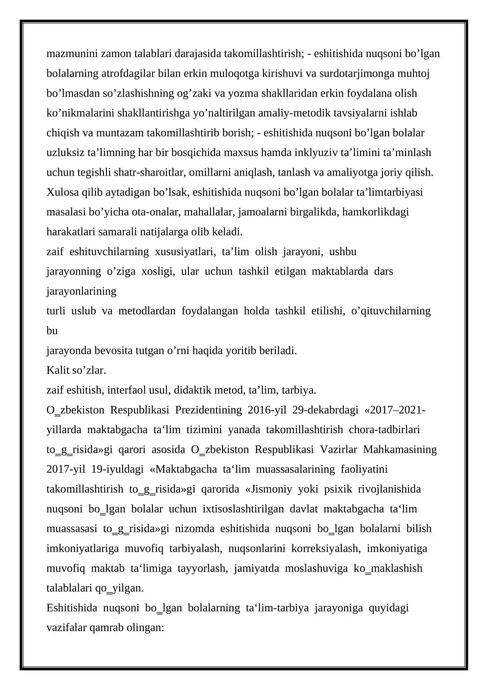 ESHITISHDA NUQSONI BO'LGAN BOLALAR UCHUN TA'LIM MUASSASALARIDA TA'LIM TARBIYA JARAYONINI TASHKIL ETISH 3