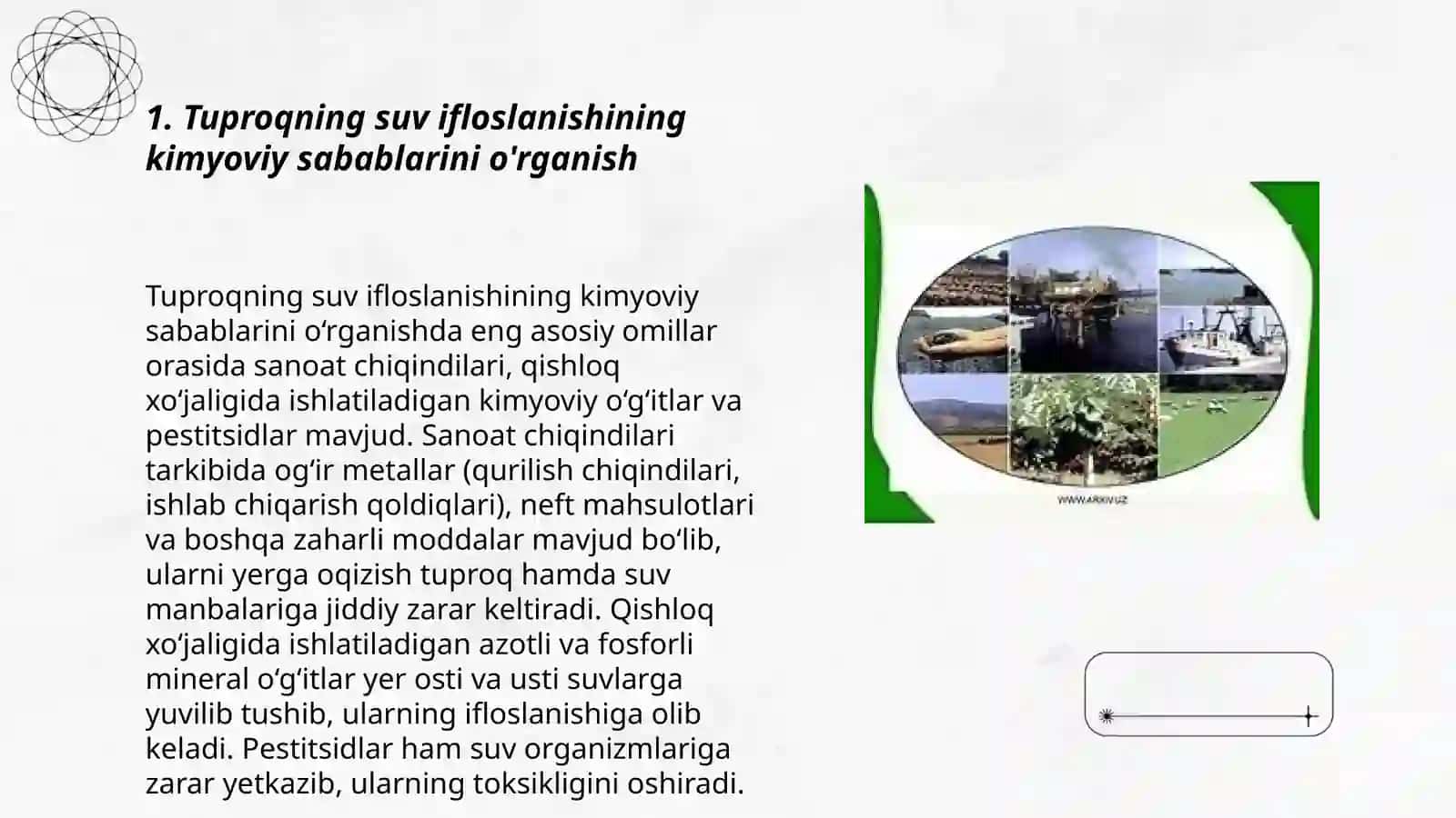 Tuproqning suvining ifloslanishi ion bog'lanishi birikmalarini aniqlab ulardan tozalash g'oyalarini ishlab chiqarish 3